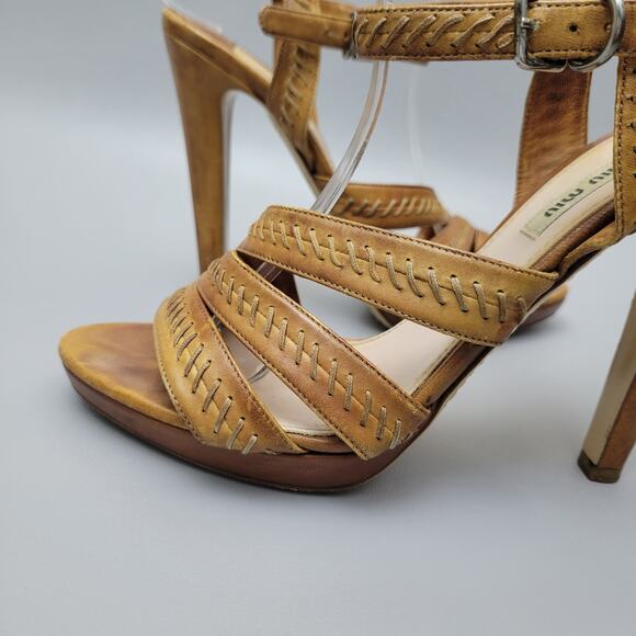 VTG Miu Miu Stilettos Leather Cognac Brown Open Toe Slingback Strappy Heels 10 - Picture 5 of 16